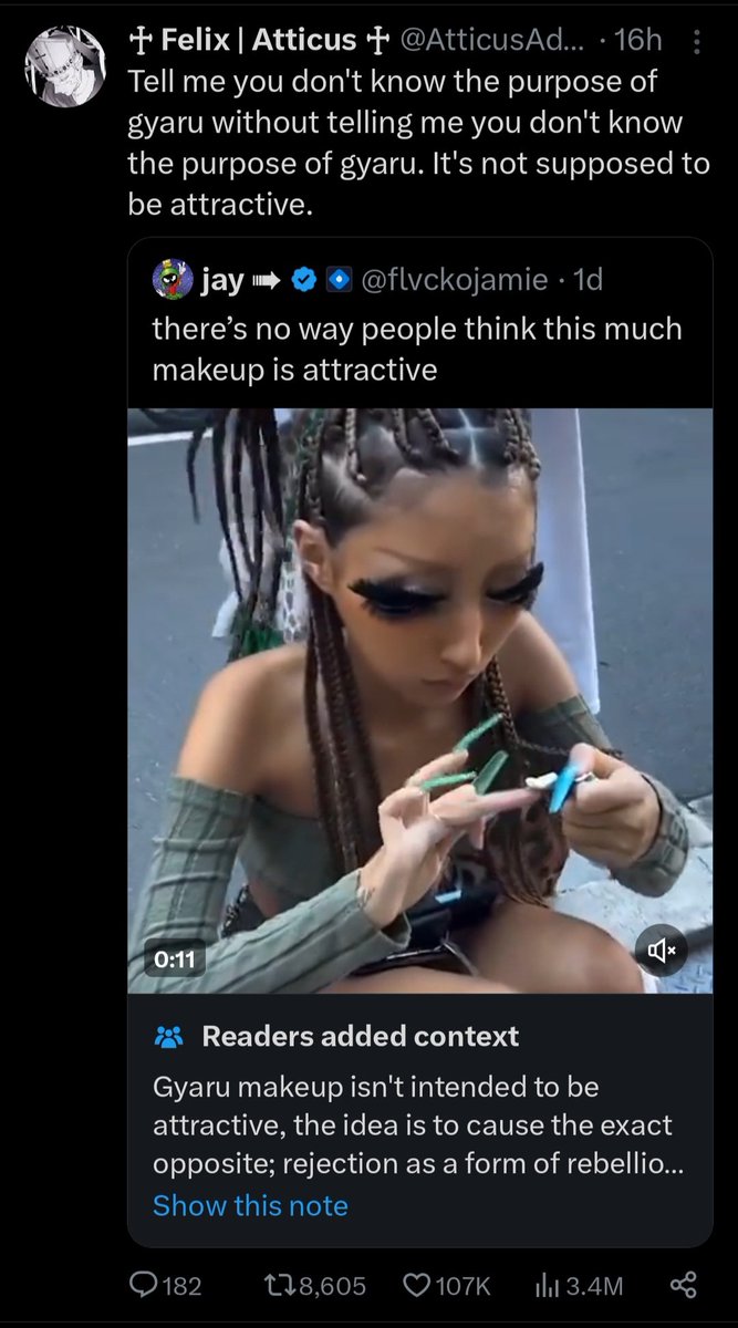 Yall be telling on your biases when you defend this bs. A Japanese woman w/a darker tan, long acrylics, braids, & jumbo lashes: 'shes trying to be ugly/rebel.' OK so you admit, she using misogynoir & blackface (like ganguros) to rebel & 'be ugly' in conservative antiblack Japan.