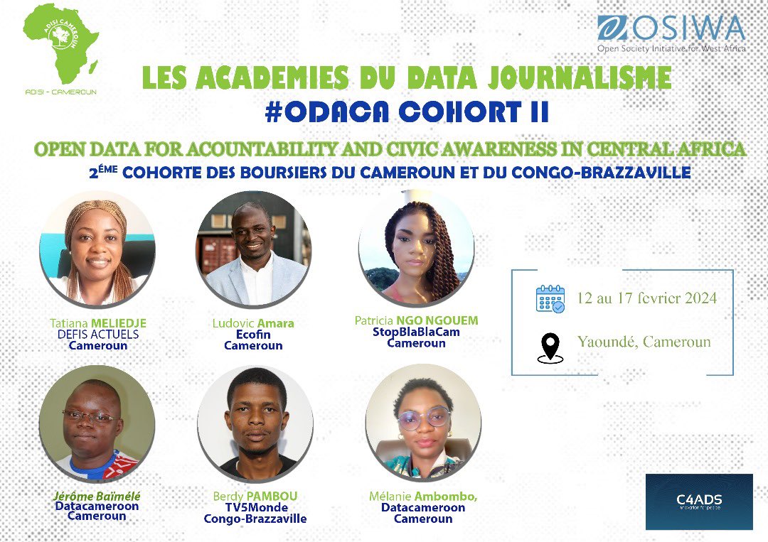 AdisiCameroun's tweet photo. Rendez-vous le 12 février à #Yaoundé, au Cameroun, pour assister au lancement de la deuxième cohorte des boursiers issus du #Congo_Brazzaville et du #Cameroun.
Ce programme fait partie intégrante des Académies du Data Journalisme du projet #ODACA. https://t.co/4lI9H1EdH1