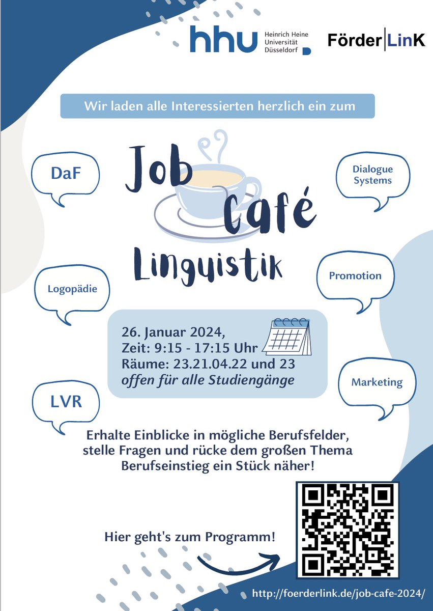 Nächste Woche Freitag, 26.01., richten wir die 9. Edition unseres Job Cafes aus! Alle die Linguistik studieren sind eingeladen sich über verschiedene Karrierewege zu informieren! Kommt vorbei 23.21.04.23. Mehr Info unter: foerderlink.de/job-cafe-2024/… @HHU_de