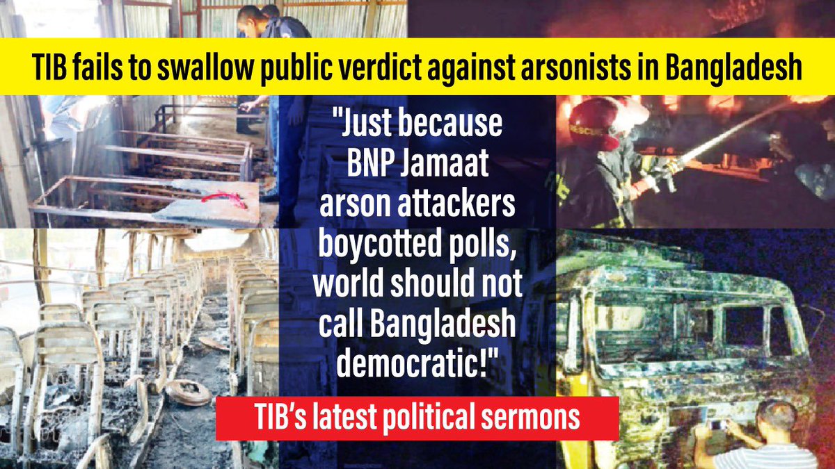 #TIB fails to swallow public verdict against arsonists in #Bangladesh. 

“Just because @bdbnp78 @BJI_Official arson attackers boycotted polls, world should not call Bangladesh democratic”
-TIB’s latest political sermons @anticorruption 
#BangladeshElection #BangladeshElection2024