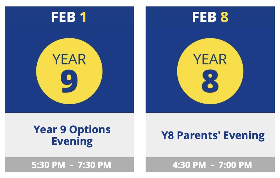 NEW DATES Please see the updated dates for the Y9 Options Evening and Y8 Parents' Evening. We apologise for any inconvenience caused by the rescheduling. We'll send out communication soon regarding the appointments and what action is required should any need to be re-booked.