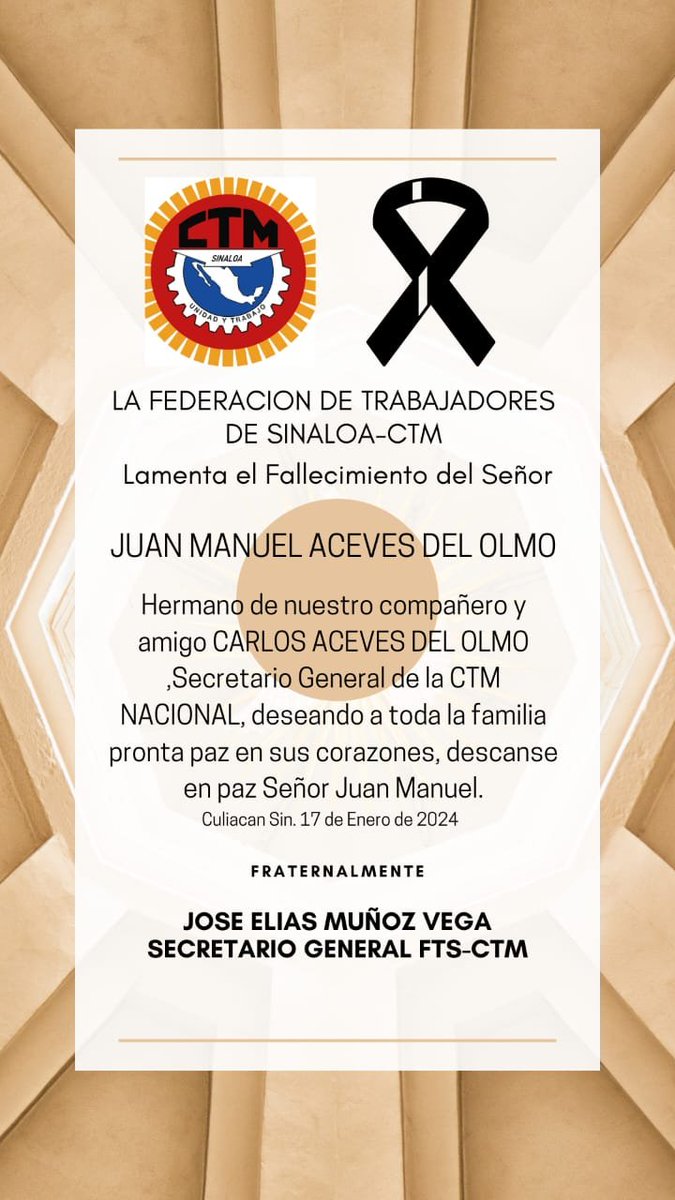Abrazo solidario a nuestro líder Nacional <a href="/CarlosAceves_/">Carlos Aceves del Olmo</a>  por tan lamentable perdida de su señor Hermano Juan Manuel.
