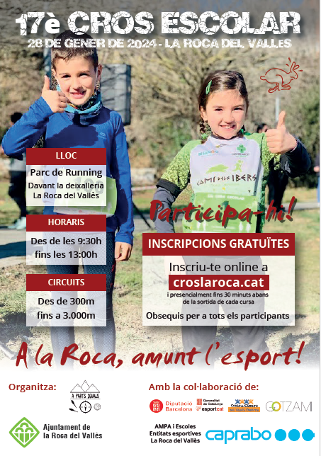 Diumenge 28 Gener a la <a href="/LaRocaV/">Ajuntament de la Roca del Vallès</a>
se celebra la 17a CROS COMARCAL LA ROCA i el supermercat <a href="/caprabo/">Caprabo</a> aporta beguda x participants. #saludable 🏃‍♀️ 🏃🏃‍♂️ gotzam.com/ca/esdevenimen…  
<a href="/larocadelvalles/">La Roca del Vallès</a> <a href="/GotzamSport/">Gotzam Sport</a> <a href="/esportcat/">Esports</a>