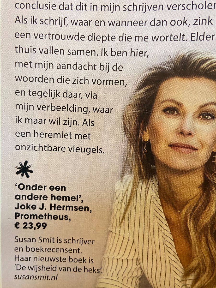 Mooie bespreking van mijn boek ‘Onder een andere hemel’ door <a href="/susansmitauteur/">Susan Smit</a> in de nieuwe <a href="/HappinezNL/">Happinez</a>. We komen ook thuis in  het schrijven, vertellen of verbeelden van verhalen.  <a href="/prometheusbb/">Uitgeverij Prometheus</a>