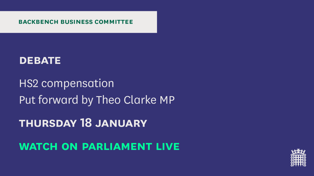 MPs are holding a debate on HS2 compensation, put forward by <a href="/theodoraclarke/">Theo Clarke</a> 

Read the <a href="/commonslibrary/">Commons Library</a> debate pack 📗 commonslibrary.parliament.uk/research-brief…

Watch on Parliament live📺parliamentlive.tv/Event/Index/79…