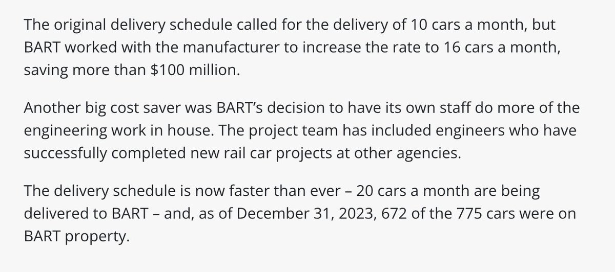 BART did in-house engineering work on its new train cars, sped up production, and now the project is being delivered early and 15% under budget.