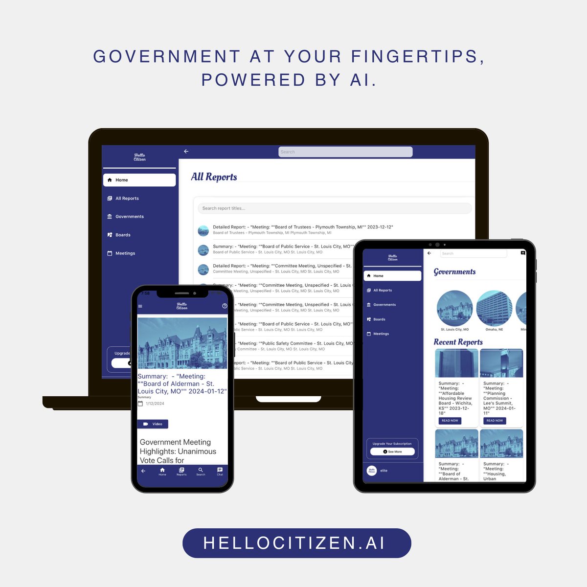 📱💻Seamlessly access government meeting insights on your phone, tablet, or desktop with our fully responsive web app. It's government at your fingertips, powered by AI. Discover the future of civic engagement! Visit hellocitizen.ai for more info.