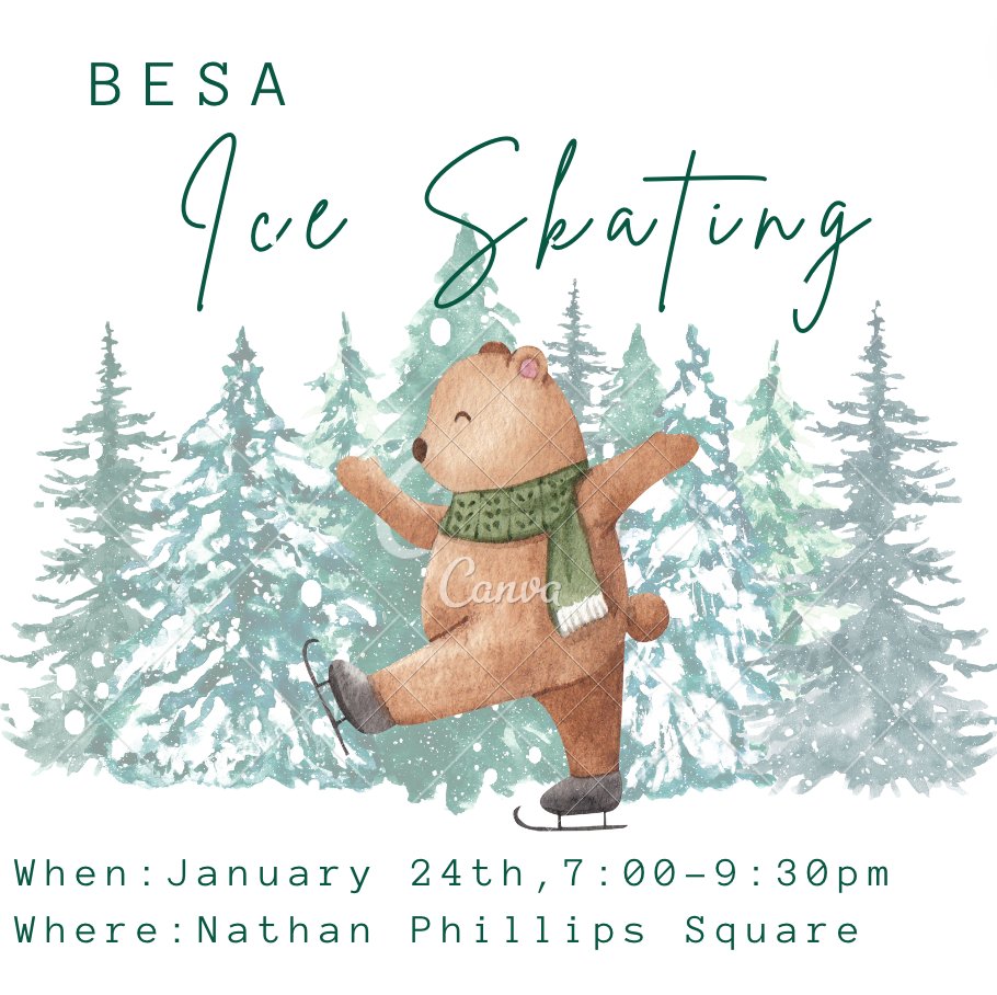 Tie your laces at BESA's next event!
Register at the Eventbrite link below for $5. 
Skate rentals will be reimbursed and require  piece of photo ID, or you may  bring your own skates.

When: January 24th, 7:00-9:30pm
Where: Nathan Phillips Square
tinyurl.com/2p92vvtu