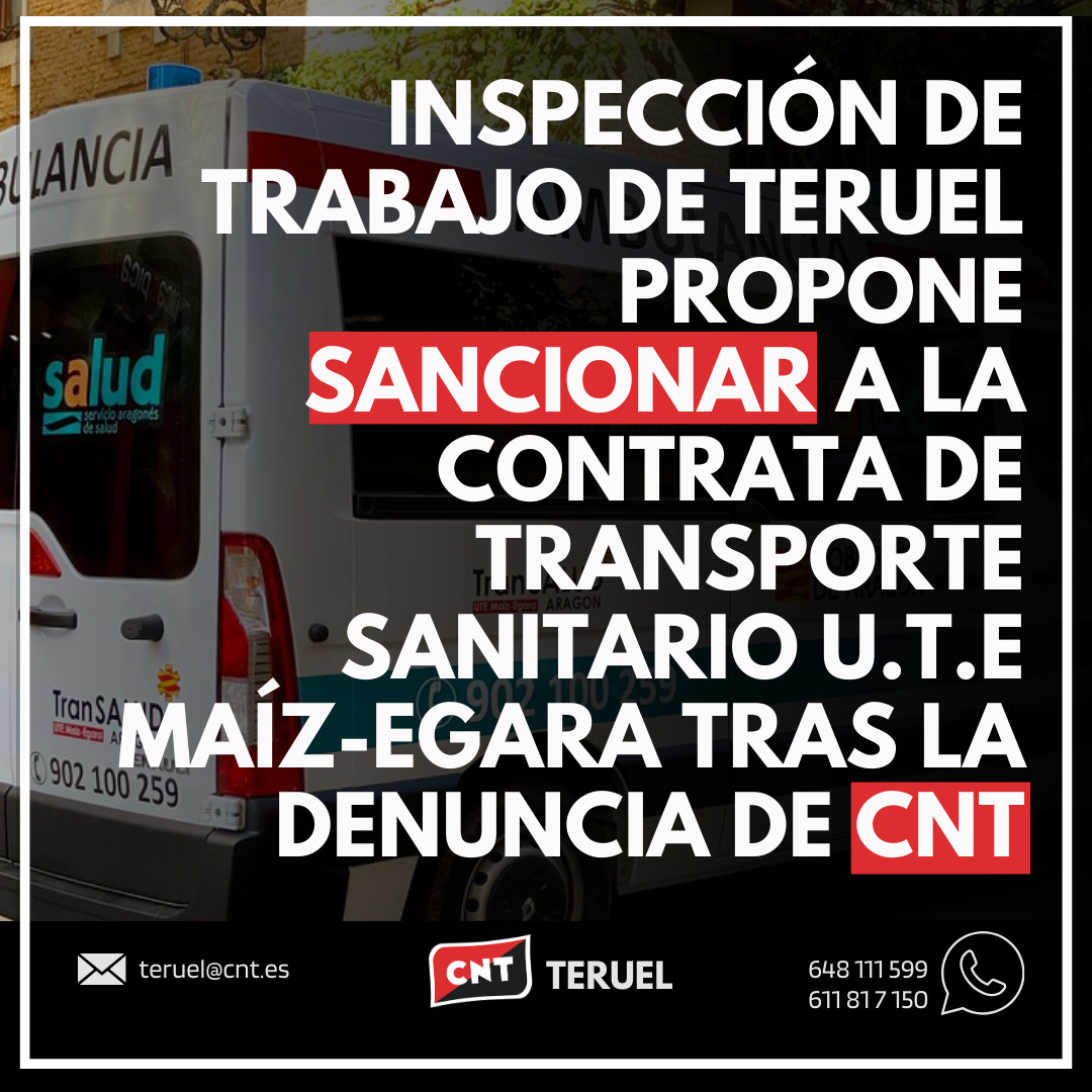 La Inspección de Trabajo de Teruel propone sanción mediante acta de infracción contra U.T.E Maíz-Egara de Transporte Sanitario.

En enero de 2023 interpusimos denuncia contra dicha empresa, por utilizar a estudiantes en prácticas para sustituir a trabajadores.

Info en el hilo 👇