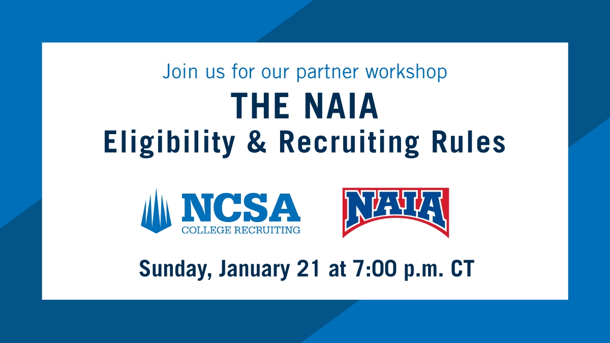 NAIA (@playnaia) on Twitter photo Join us this Sunday for an in-depth overview of the NAIA and the recruiting process as a student-athlete. Learn more about the NAIA at the next <a href="/ncsa/">NCSA College Recruiting</a> Workshop!
đź“… 1/21 @ 7 pm CT
đź‘€ Zoom link: bit.ly/3SwODRT
#PlayNAIA #ExperienceNAIA #HigherEd Join us this Sunday for an in-depth overview of the NAIA and the recruiting process as a student-athlete. Learn more about the NAIA at the next <a href="/ncsa/">NCSA College Recruiting</a> Workshop!
đź“… 1/21 @ 7 pm CT
đź‘€ Zoom link: bit.ly/3SwODRT
#PlayNAIA #ExperienceNAIA #HigherEd