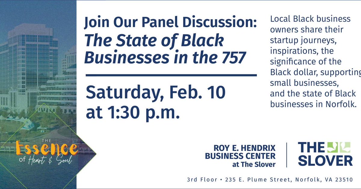 Don't miss our panel discussion on "The State of Black Businesses in the 757" as part of Norfolk Public Library’s Essence of Heart &amp; Soul Festival. Mark your calendars and join us for two sessions in Room 375 on Saturday, Feb. 10 at 1:30 p.m. and 3 p.m.  <a href="/NorfPublicLib/">NorfolkPublicLibrary</a>