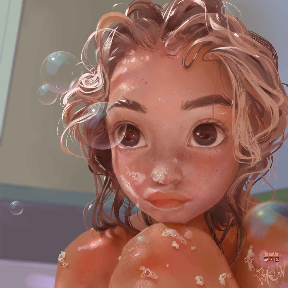 Joaslin's tweet image. 🛁 Bubbles!
I realised that painting wet hair is 100 times easier than dry hair, you just paint clumps of them and highlight some spots.
Surprising! 

#bubbles #bubblebath #cute #pout #lighting #painting #illustration #digitalart #procreate #characterdesign #peinture #arttips #xo