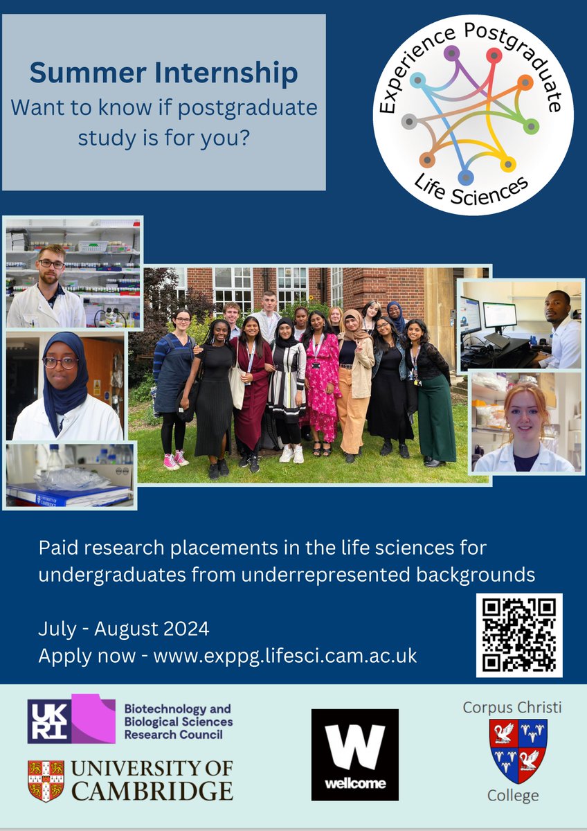 Applications are still open for the 2024 Experience Postgrad Life Sciences programme – a fully paid 8-week summer internship @Cambridge_Uni and @CorpusCambridge! Find out more and apply: bit.ly/3FYSfVA 🗓️Deadline: 31 January #LifeSciences #Internship