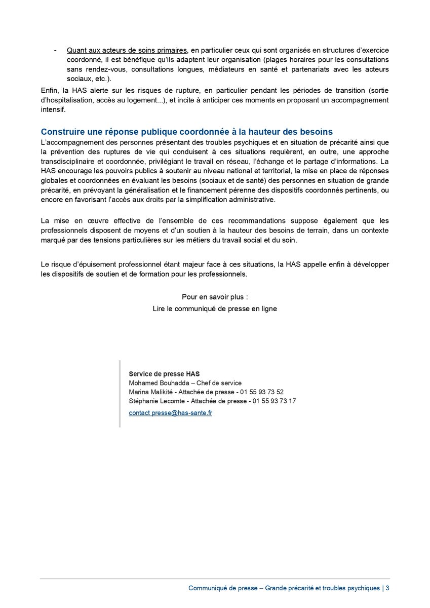 #Communiqué | Accompagner les personnes en situation de grande précarité présentant des troubles psychiques : la HAS publie des recommandations &amp; 8 fiches outils afin d’améliorer l’accès aux soins, l’insertion sociale &amp; la vie citoyenne des personnes 👉 has-sante.fr/jcms/p_3488843…