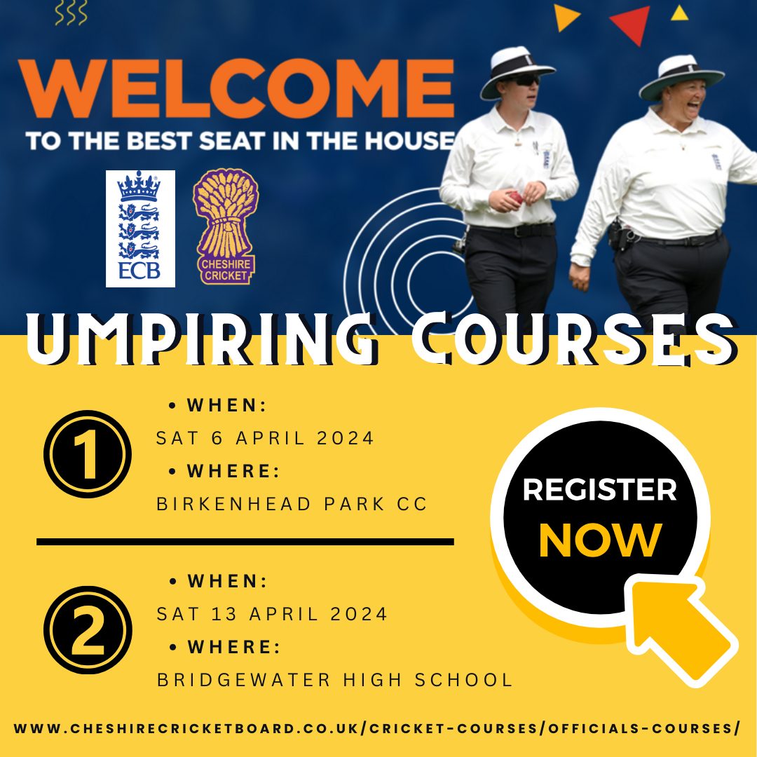 We will be hosting ECB Umpiring Courses in April. 📷Sat 6th April at Birkenhead Park 📷Sat 13th April at Bridgewater HS Warrington 📷BOOK HERE cheshirecricketboard.co.uk/cricket-course… For parents, young leaders (14+), volunteers & players wanting to umpire junior to lower level senior matches.