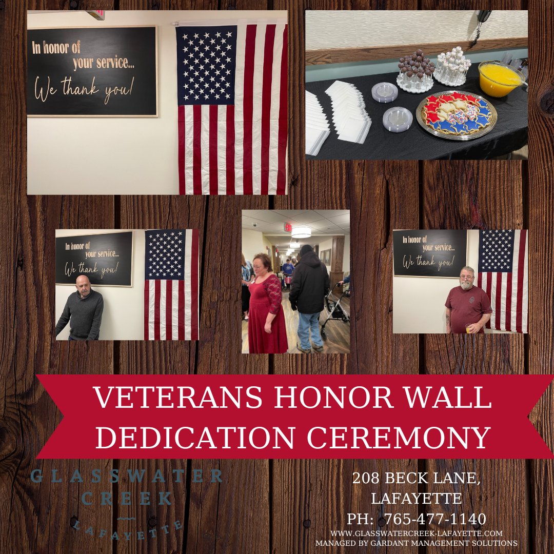 Photos from our Honor Wall dedication.  Glasswater Creek is proud to honor our veterans with this new display, while thanking all veterans for their sacrifice.  
Special thanks to Reclaimed by Grace, Crawfordsville.
#veterans
#honorwall
#assistedliving
#gwclmarketing