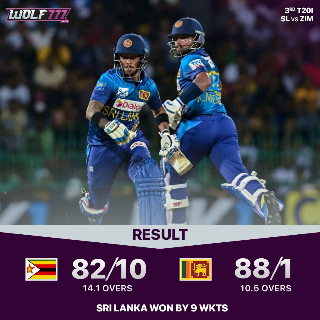 Sri Lanka secures series victory in style, chasing down 83 effortlessly.

#SLvZIM #T20i #Cricket #WaninduHasaranga #Raza #Wolf777News