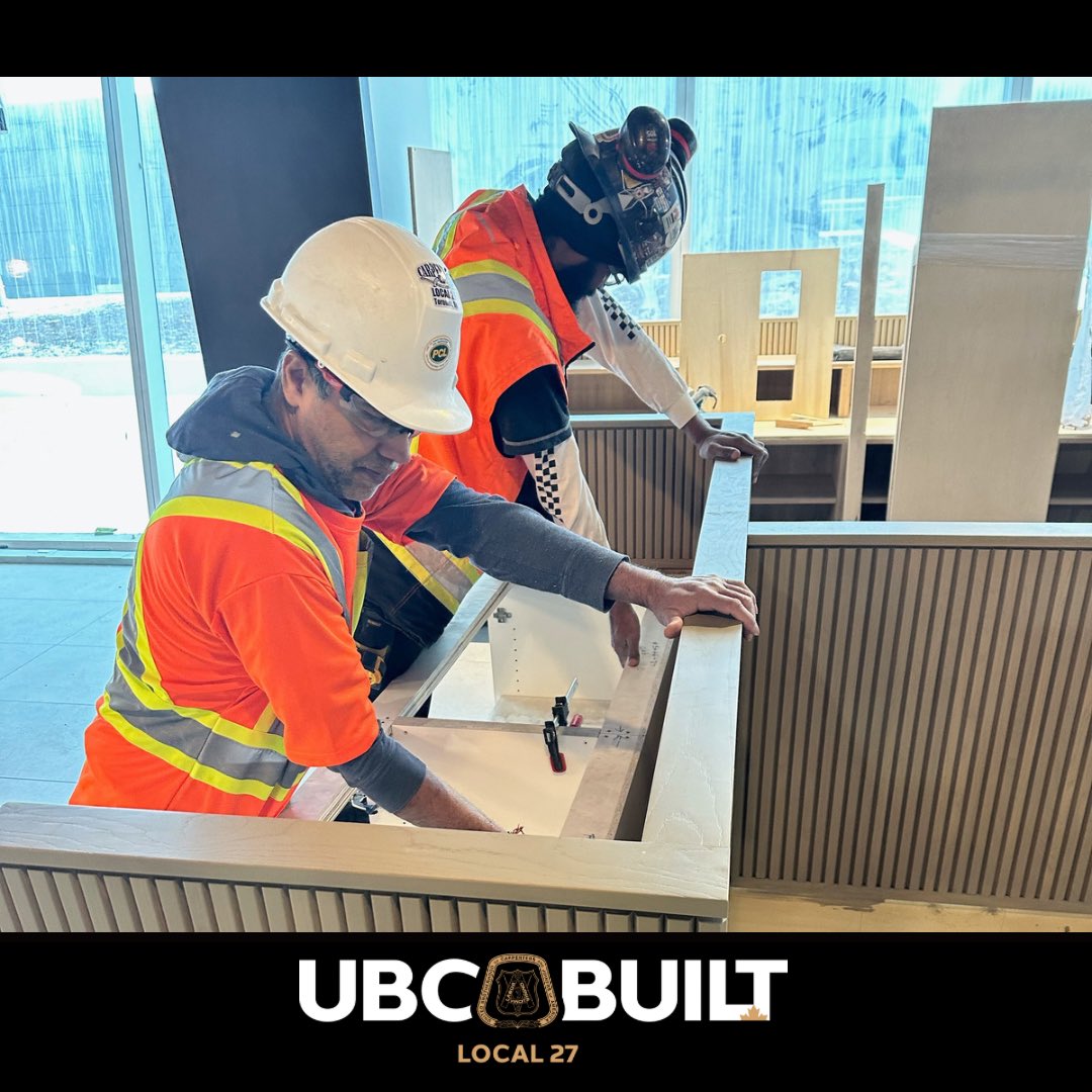 Today’s spotlight post is on Local 27 members Dan Boodoo and Aaron Larmond. These members are employed with Labour Inc. and have been installing millwork at 160 Front Street in Toronto. 👷‍♂️🛠️ PCL Construction is the General Contractor of this project. Great work guys! 👏