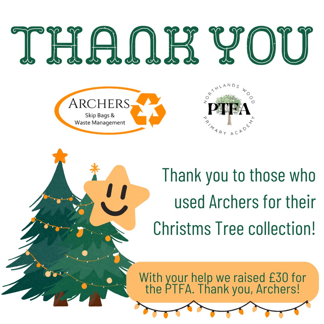 Thank you Archers Skip Bags & Waste Management for helping us raise funds for the PTFA, and thank you to everyone who used Archers for their Christmas Tree Collection. With your help we raised £30 🎄🧡 archerswaste.co.uk