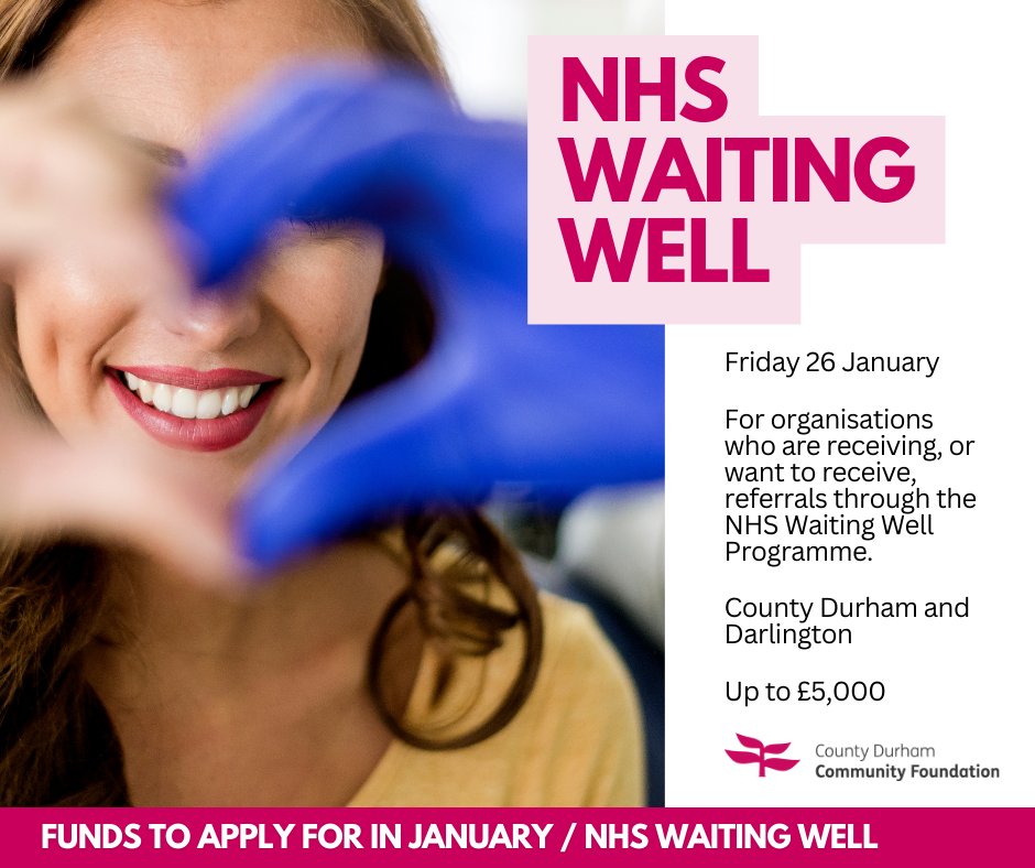 Organisations working across all aspects of health and wellbeing in County Durham and Darlington, who want to receive referrals from the NHS Waiting Well Fund, you could access up to £5,000 of funding to help with the programme. Apply by 26 January bit.ly/42fxI9H