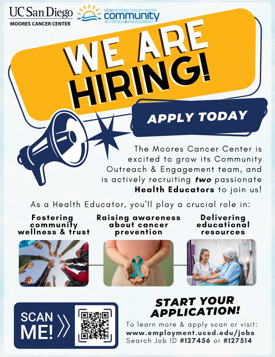 📢🥳We are #hiring *two* health educators, please help us share these opportunities! If you are passionate about addressing #cancer disparities in San Diego and improving community health, click these links to learn more: employment.ucsd.edu/community-heal… (1) &amp; employment.ucsd.edu/community-heal… (2)