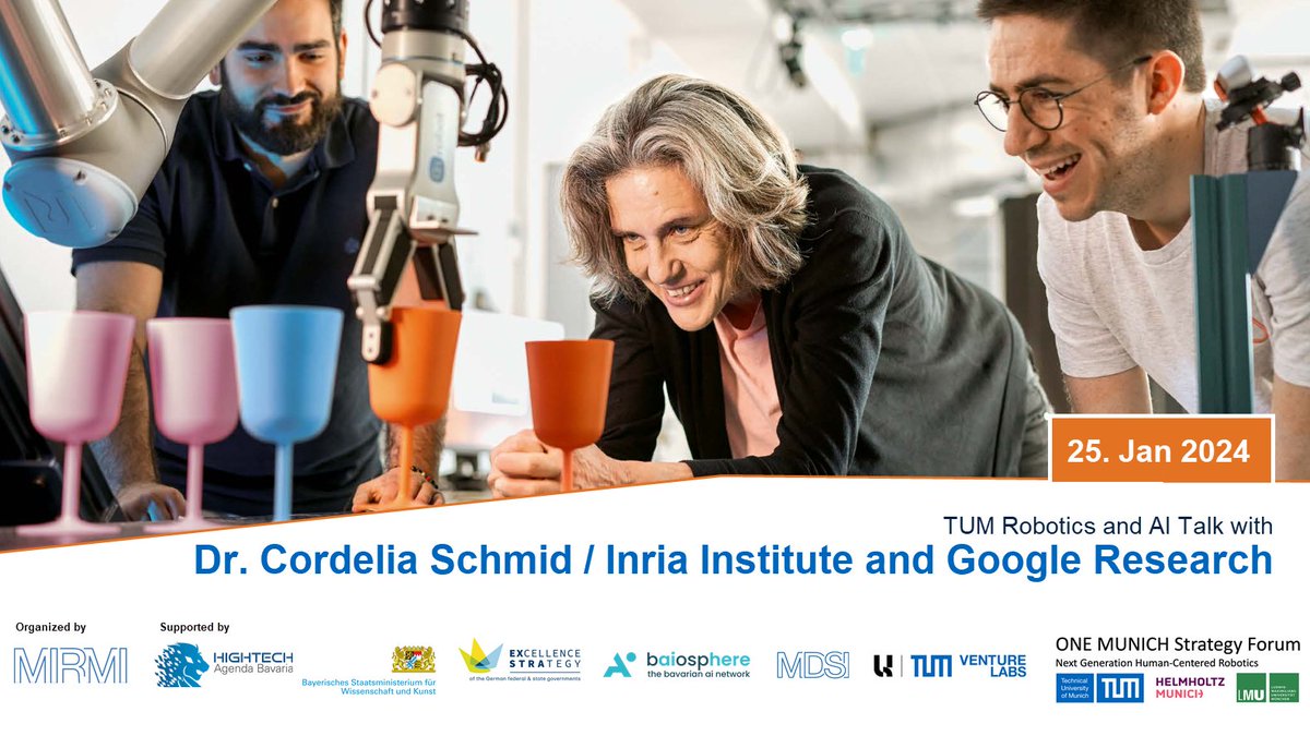 Join us at the TUM Robotics and AI Talk with <a href="/CordeliaSchmid/">Cordelia Schmid</a>!
📆January 25th, 17:00 - 18:00 CET  
📍Location: Karl Max von Bauernfeind Hörsaal, Arcisstr. 21, <a href="/TUM/">tum</a> and online 
🔗mirmi.tum.de/en/mirmi/event…
📸<a href="/koerberstiftung/">Körber-Stiftung</a>
#AI #robotics #computervision <a href="/TUM_MIRMI/">Robotics&AI@MIRMI</a> <a href="/baiosphere_AI/">baiosphere</a>