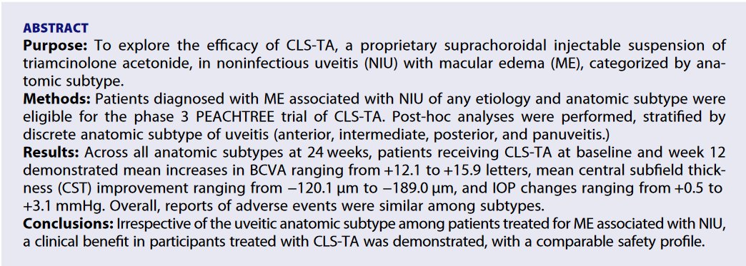clearsidebio's tweet photo. Check out *Ocular Immunology and Inflammation* featuring a post-hoc analysis by Milan Shah, MD et al. based on anatomic subtypes of participants in our #XIPERE Phase 3 #clincialtrial (a.k.a., PEACHTREE) in noninfectious #uveitis. https://t.co/RiBRvt7jmm https://t.co/L5Ip3wyER9