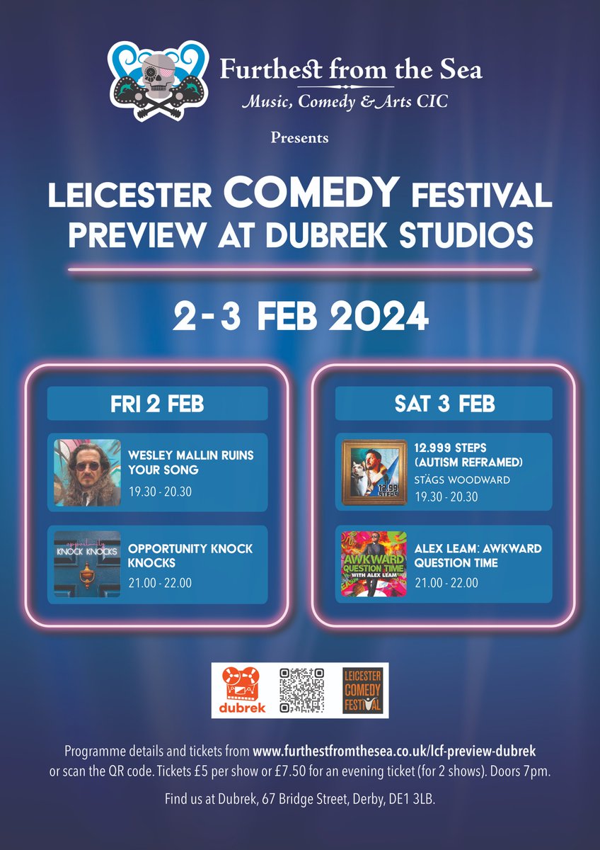 Book your tickets now for our Leicester Comedy Festival Preview weekend at <a href="/dubrek/">Dubrek</a> Studios. £5 each, with the option of adding a second show each evening for half price! Visit eventbrite.co.uk (tickets on the door subject to availability). Here is our full line up📷