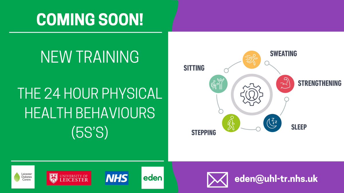 EDEN_Leicester's tweet photo. ‼️New #HCP training‼️

⏰24-hour physical
behaviours 😴🪑🚶‍♂️🥵💪 &amp; Long Term Health
Conditions

In collaboration with #Leicester Lifestyle Health Research Group, Leicester
BRC @LeicResearch 

Contact 📧 eden@uhl-tr.nhs.uk to find out more

#5Ss #LTC #diabetes #education https://t.co/0ewIFswl8a
