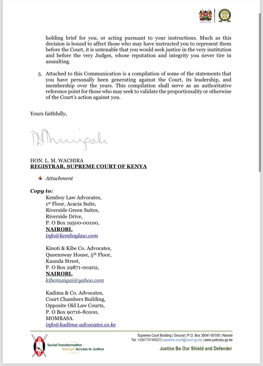 OdiraTeddy's tweet photo. After @ahmednasirlaw SC, his firm, and his employees were given a lifetime ban for criticizing the Supreme Court, I believe that the SCoK should issue guidelines on how, when, and where to criticize the judiciary.💀 I am still struggling to find the motivation behind the letter https://t.co/9avI0XuUJu