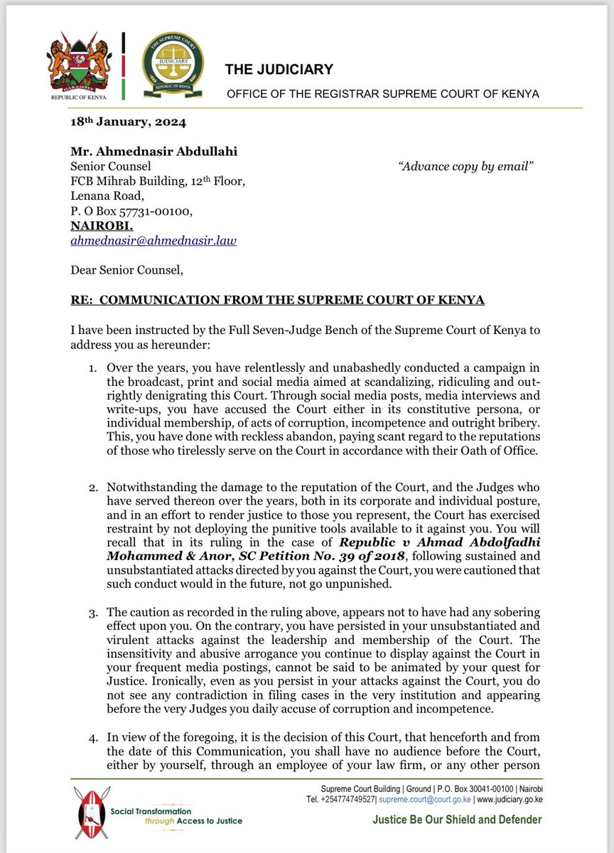 OdiraTeddy's tweet photo. After @ahmednasirlaw SC, his firm, and his employees were given a lifetime ban for criticizing the Supreme Court, I believe that the SCoK should issue guidelines on how, when, and where to criticize the judiciary.💀 I am still struggling to find the motivation behind the letter https://t.co/9avI0XuUJu