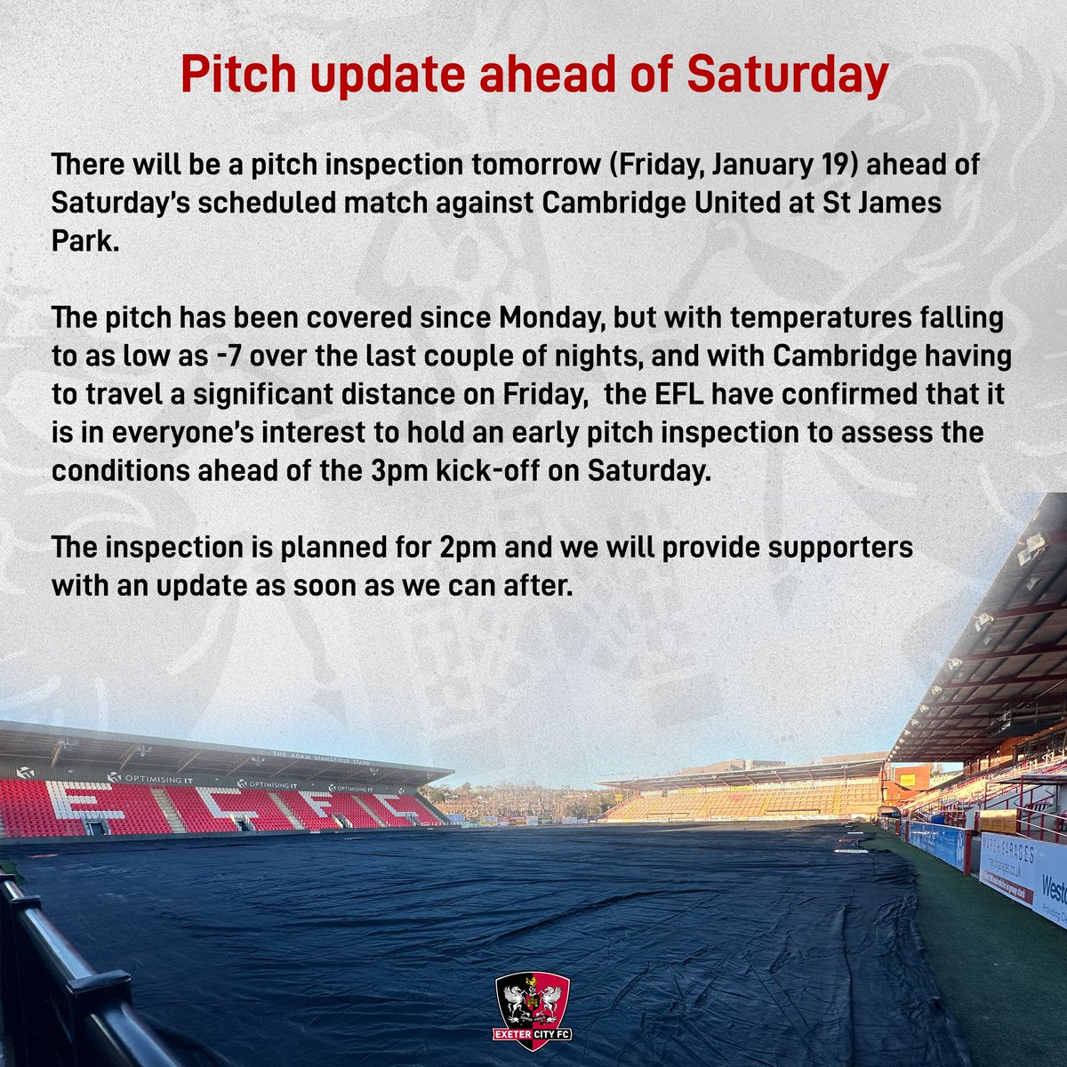 🚨 Pitch update ahead of Saturday 🚨 There will be a pitch inspection tomorrow (Friday, January 19) ahead of Saturday’s scheduled match against @CambridgeUtdFC at SJP. The pitch has been covered since Monday, but with temperatures falling to as low as -7 over the last couple of…