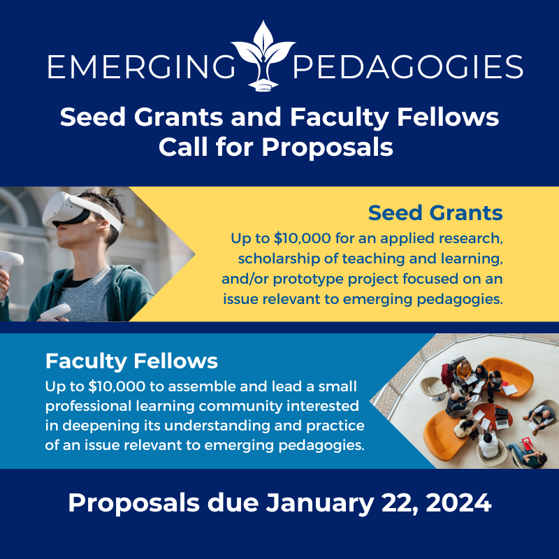 🚨 Deadline approaching! 🚨 @DukeU faculty: Proposals for the Emerging Pedagogies Seed Grants & Faculty Fellowships are due Jan 22. Awards up to $10k are available to faculty who are reimagining how, where, when, and with whom learning happens. Learn more: learninginnovation.duke.edu/emerging-pedag…