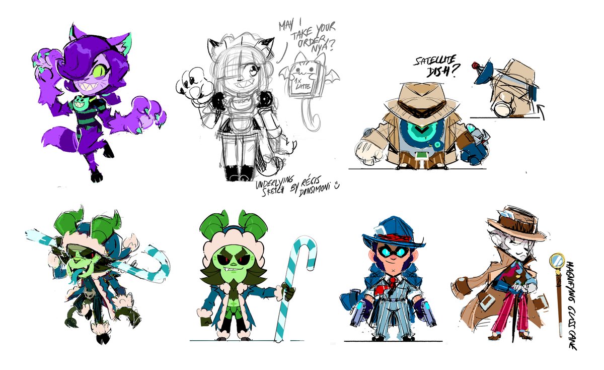 Here are a few rough sketches from work I like that some people might enjoy seeing :) I guess it's fine to share now the initial "cat Colette" idea we killed since she lives on through Pawlette ;) 

#BrawlStars #BrawlStarsArt