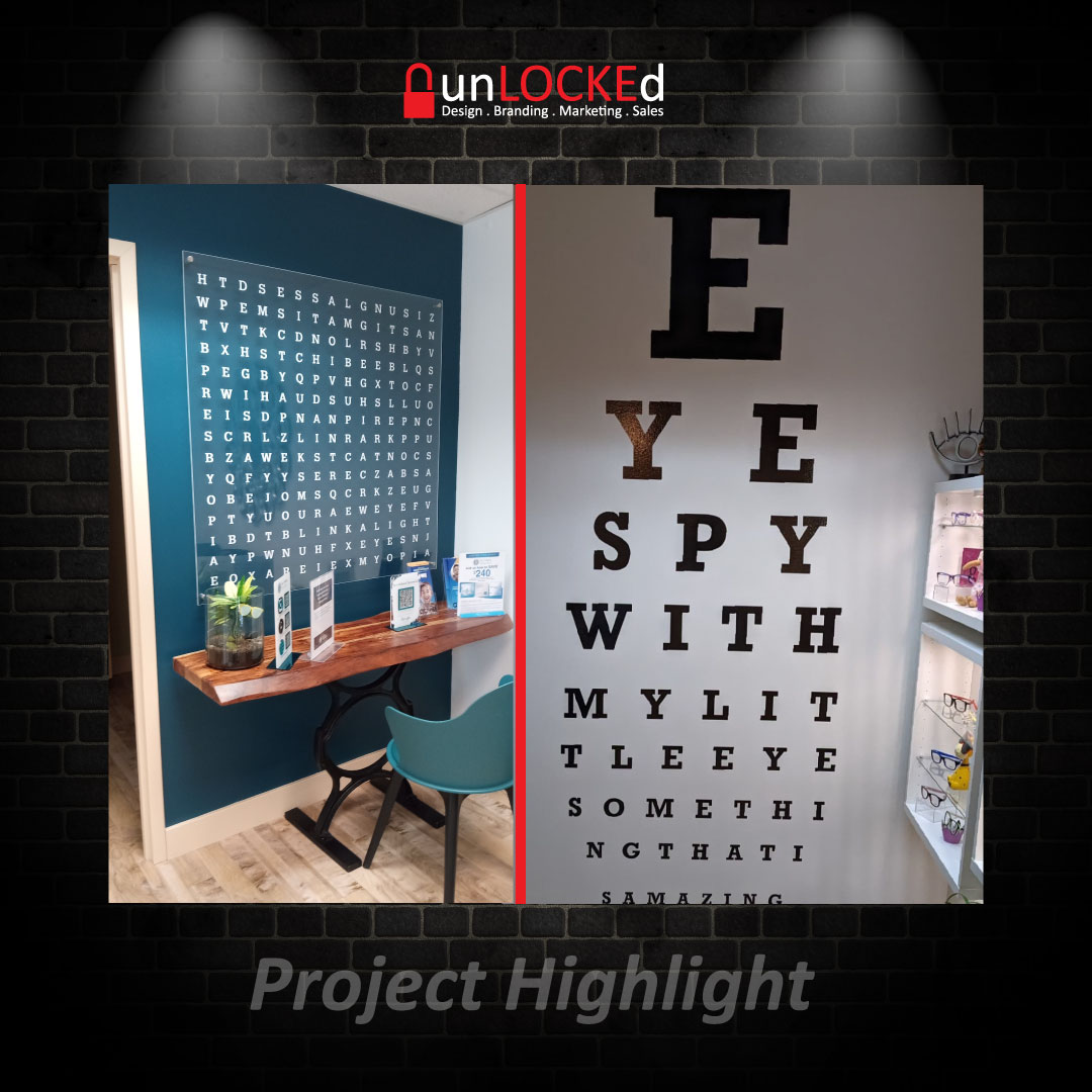 unLOCKEdCompany's tweet image. We love helping bring our client's vision to life. Check out this fun eye chart and word search at Terri Holland Optometry in Kitchener! 

#wallgraphics #funsigns #terrihollandoptometry