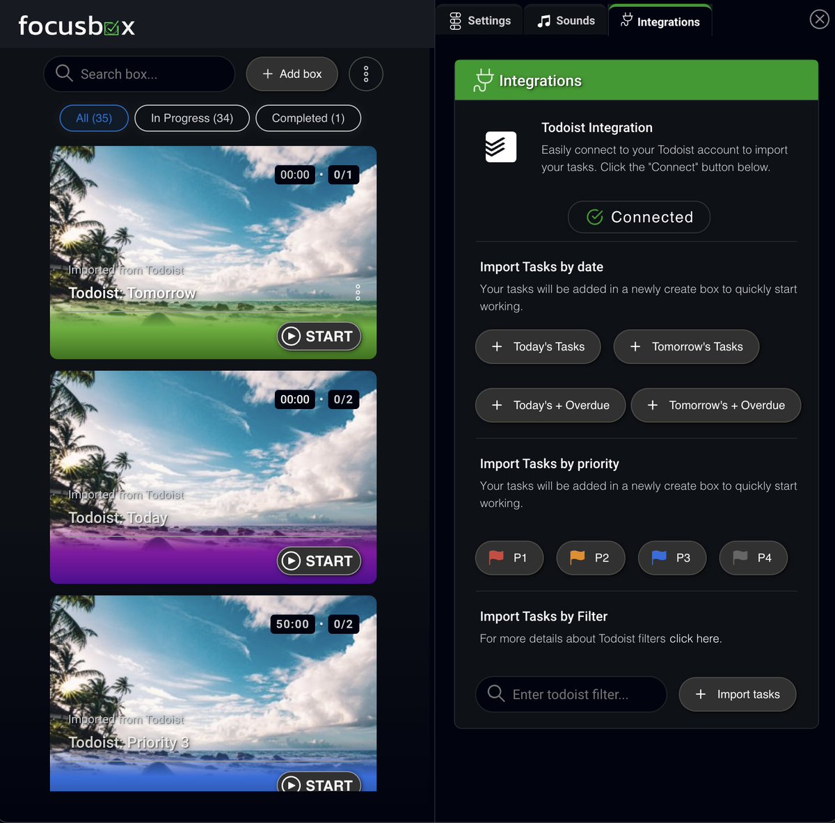 FocusBoxIO's tweet photo. 🚀 Exciting News! Integrating https://t.co/zhIOhK9I0d with Todoist is a breeze! Boost your productivity effortlessly:

✅ Import Today's or Tomorrow's tasks with a click. 
✅ Filter by Priority: P1, P2, P3, P4. 
✅ Create custom filters to supercharge your workflow.

#Productivity #TaskManagement #TimeManagement #Efficiency #Workflow #ProductivityTools #TaskScheduler #TaskPrioritization #FocusOnWork #ProductivityHacks #GetItDone #ToDoList #TaskList #TaskTracking #TaskOrganization #ProductiveDay
