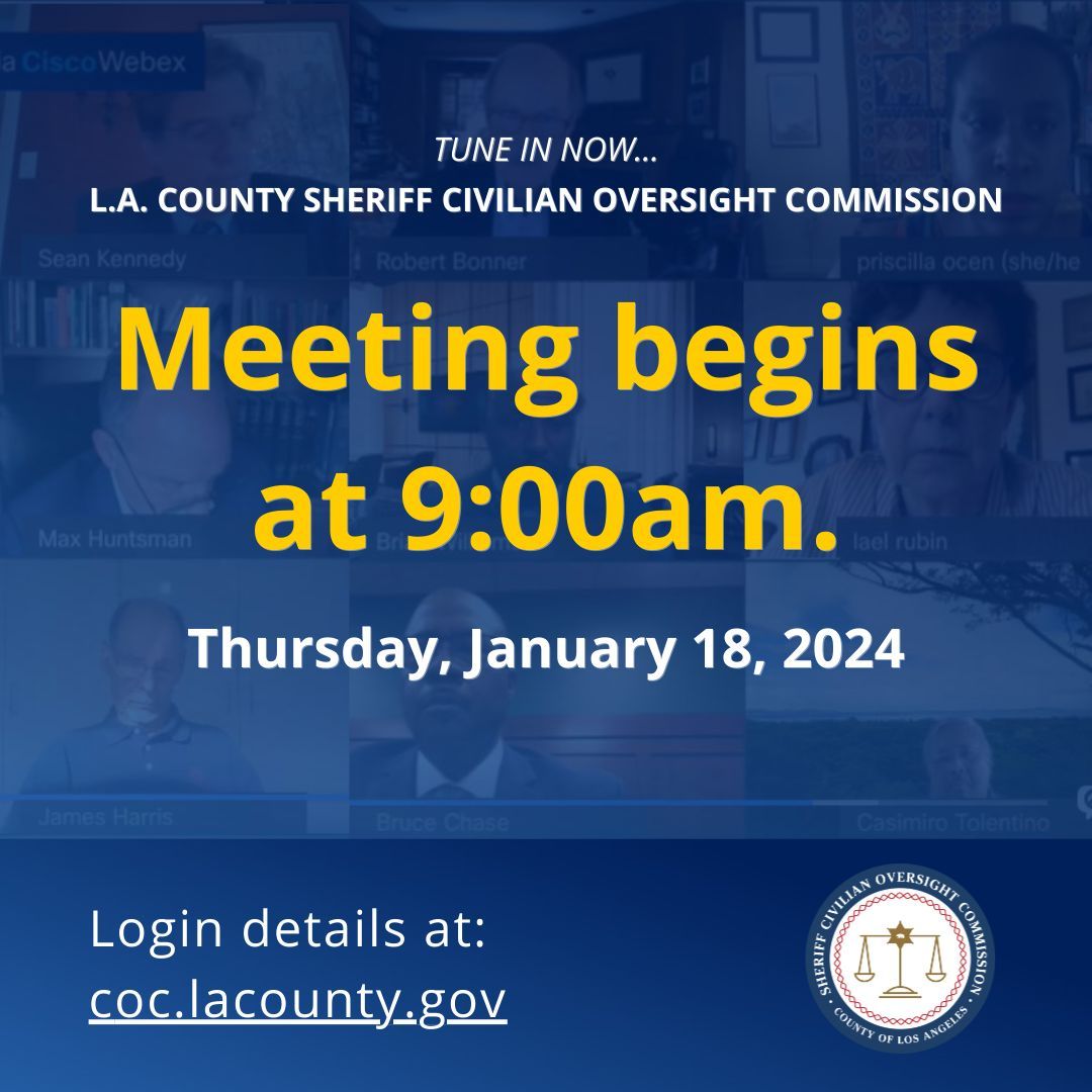 The Sheriff Commission Oversight Commission meeting will begin at 9:00am today. Attend: 1. In person at St. Anne's, 155 N. Occidental Blvd, LA 2. Online: bit.ly/3TvLMt7 3. Call: (213) 306-3065 & enter: 2537 502 7688 Submit written comments at bit.ly/39QQIC8