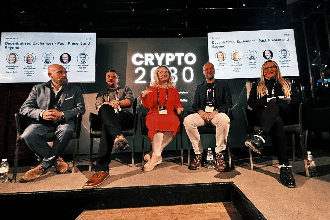C2030_'s tweet photo. We are currently on the last panel of the day discussing DEXs in #DeFi.

In this panel, we unpack milestones and their impact on the wider ecosystem.

The conversation continues with the future of DEXs, technology, regulations and adoption.

Moderator: Magdalena Boškić, @sygnumofficial  

Panelists:
🗣️ Yana Afanasieva, Competitive Compliance GmbH
🗣️ Christoph Scholze, @fija_finance
🗣️ Michel S, @Edelcoin1 
🗣️ @fnhabach, @sygnumofficial 

#CRYPTO2030
