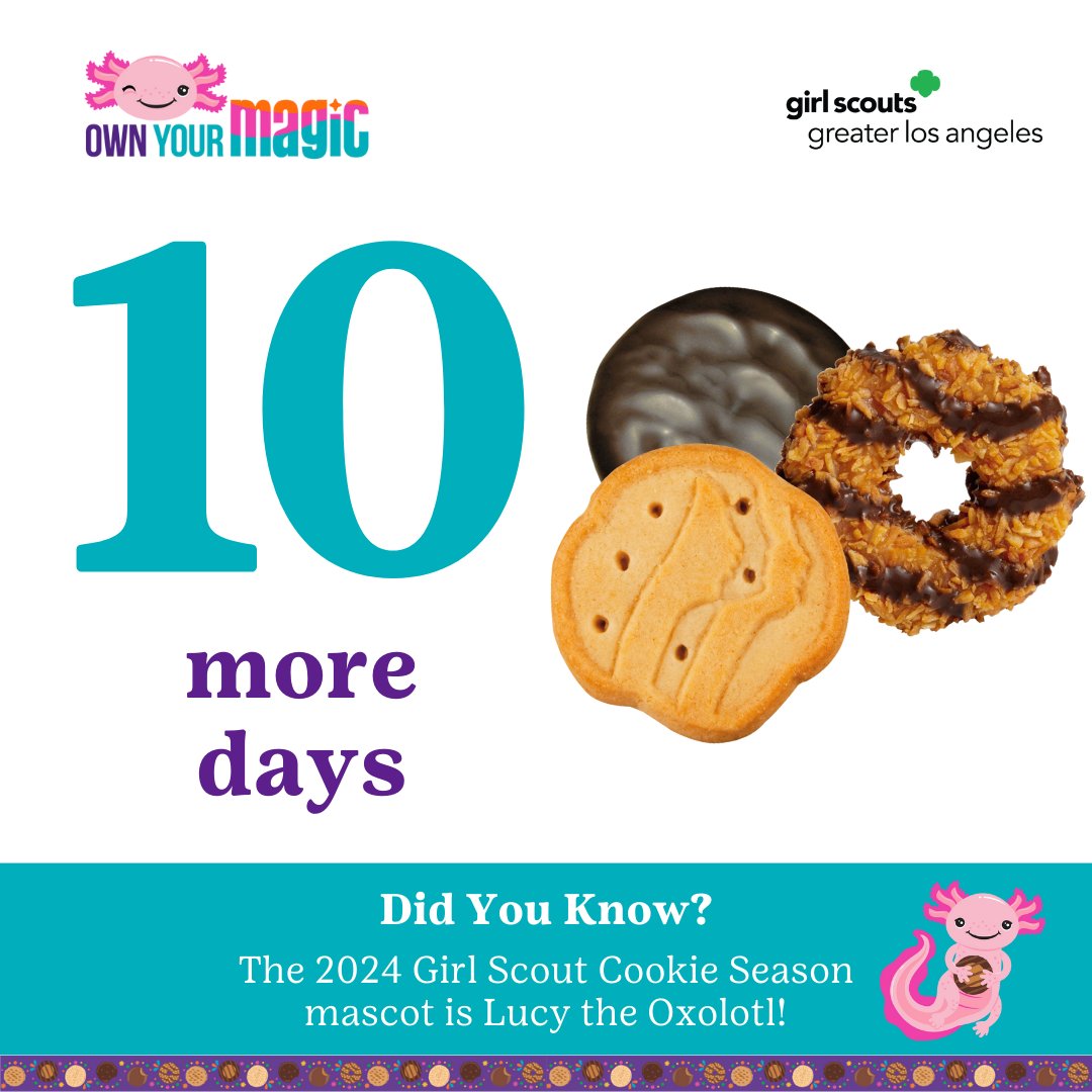 🌟🍪 10 days until Girl Scout Cookie Season! Meet Lucy the Axolotl, our adorable cookie season mascot for this year. Get ready for a season of sweet adventures with Lucy leading the way! #GirlScoutCookies #CountdownToCookies girlscoutsla.org/en/cookies.html