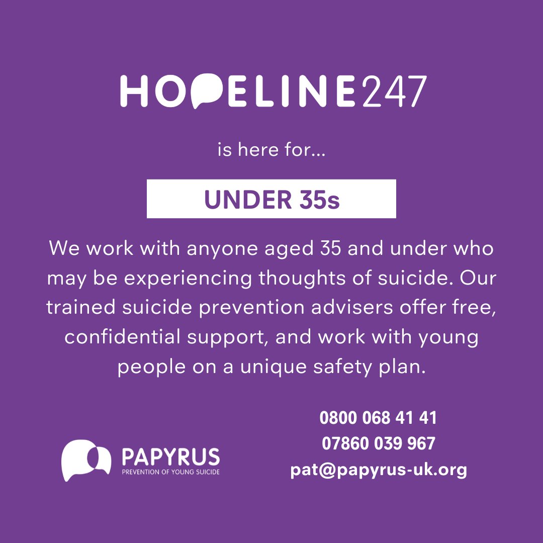Who can call HOPELINE247? HOPELINE247 offers free and confidential support to under 35s struggling with thoughts of suicide, concerned others and professionals. 📞 Call: 0800 068 4141 📱 Text: 07860 039967 ✉️ Email: pat@papyrus-uk.org #SuicidePrevention #Support