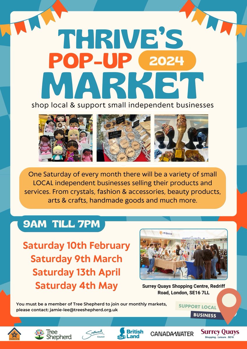 Thrive’s Mini Markets are back for 2024! The market runs with local traders and businesses. It’s become a huge hit with the community. Show your support and #shoplocal. 📅Saturday 10 February ⏲️9am-7pm 📍@Surreyquays Shopping Centre See you there 🙌 #Communityevents