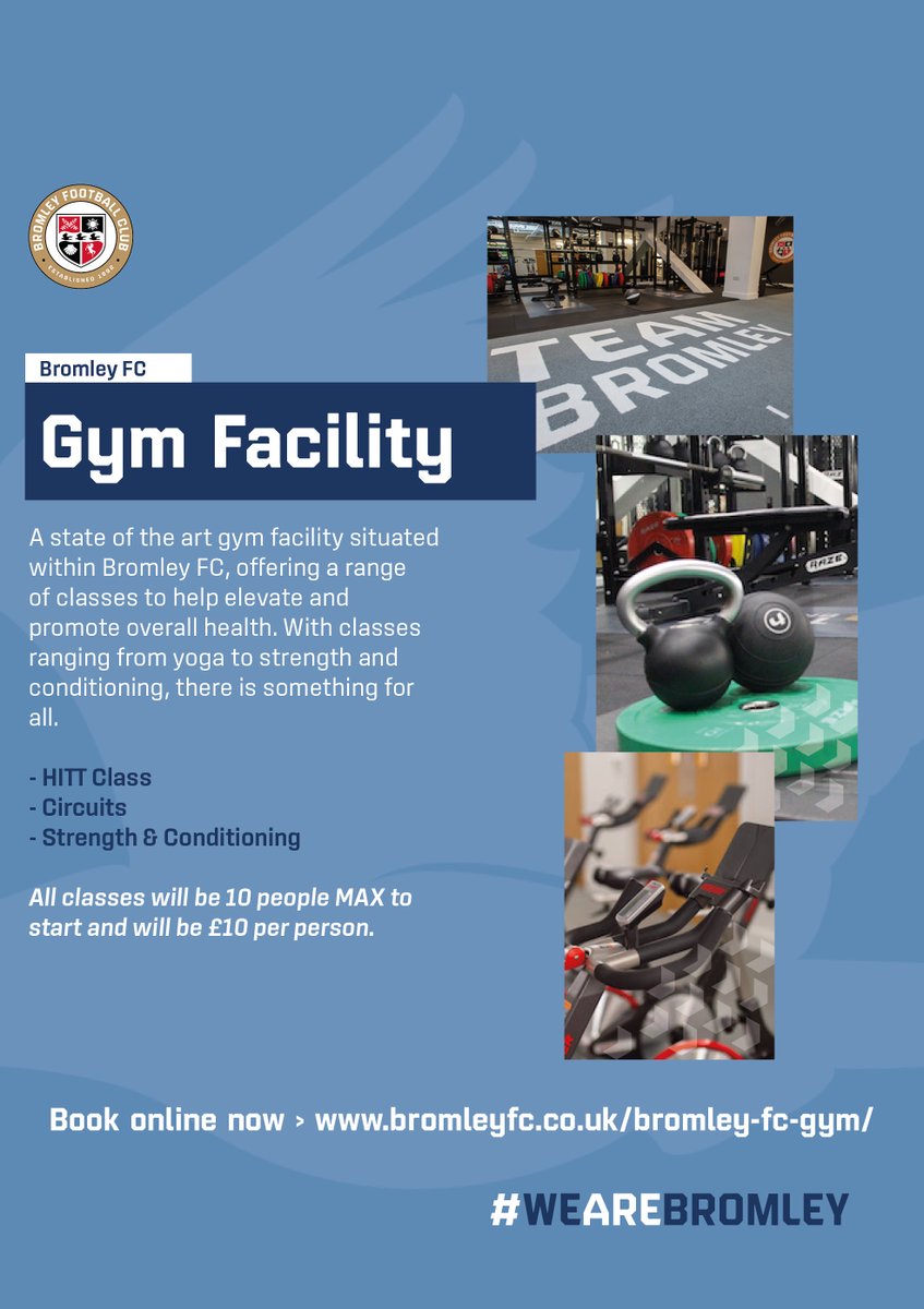 We are now offering gym sessions here at Bromley FC! 💪 HITT Class ✅ Circuits ✅ Strength & Conditioning ✅ Book now 👉 bromleyfc.co.uk/bromley-fc-gym/ #WeAreBromley