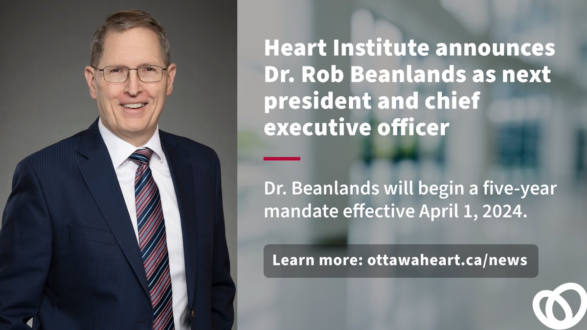HeartInstitute's tweet image. The University of Ottawa Heart Institute is proud to announce that renowned cardiologist and clinician-scientist, Dr. Rob Beanlands, has been appointed as its next president and chief executive officer. Congratulations, @BeanlandsRob! Read more: ow.ly/zsNS50Qs6aa #ottnews