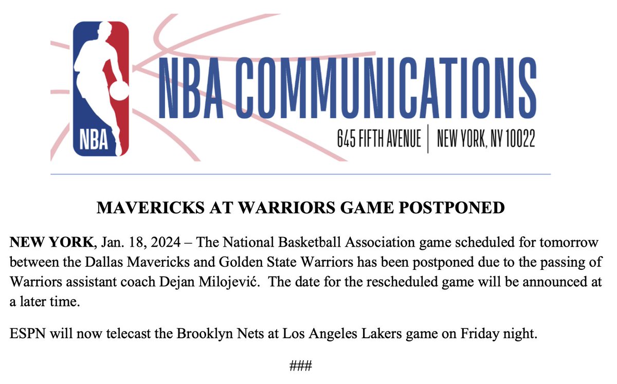 The following has been released by the NBA.