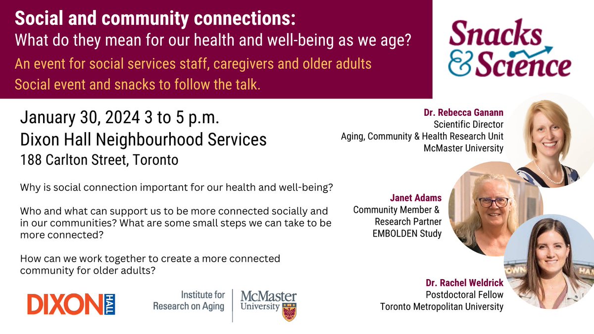 MIRA McMaster (@miramcmaster) on Twitter photo Join us for a "Snacks & Science" session for presentations on research on social & community connections including a new study coming soon to <a href="/dixon_hall/">Dixon Hall</a>. A social event and snacks will follow the talk. To register: ow.ly/GhfB50QrSFS Join us for a "Snacks & Science" session for presentations on research on social & community connections including a new study coming soon to <a href="/dixon_hall/">Dixon Hall</a>. A social event and snacks will follow the talk. To register: ow.ly/GhfB50QrSFS