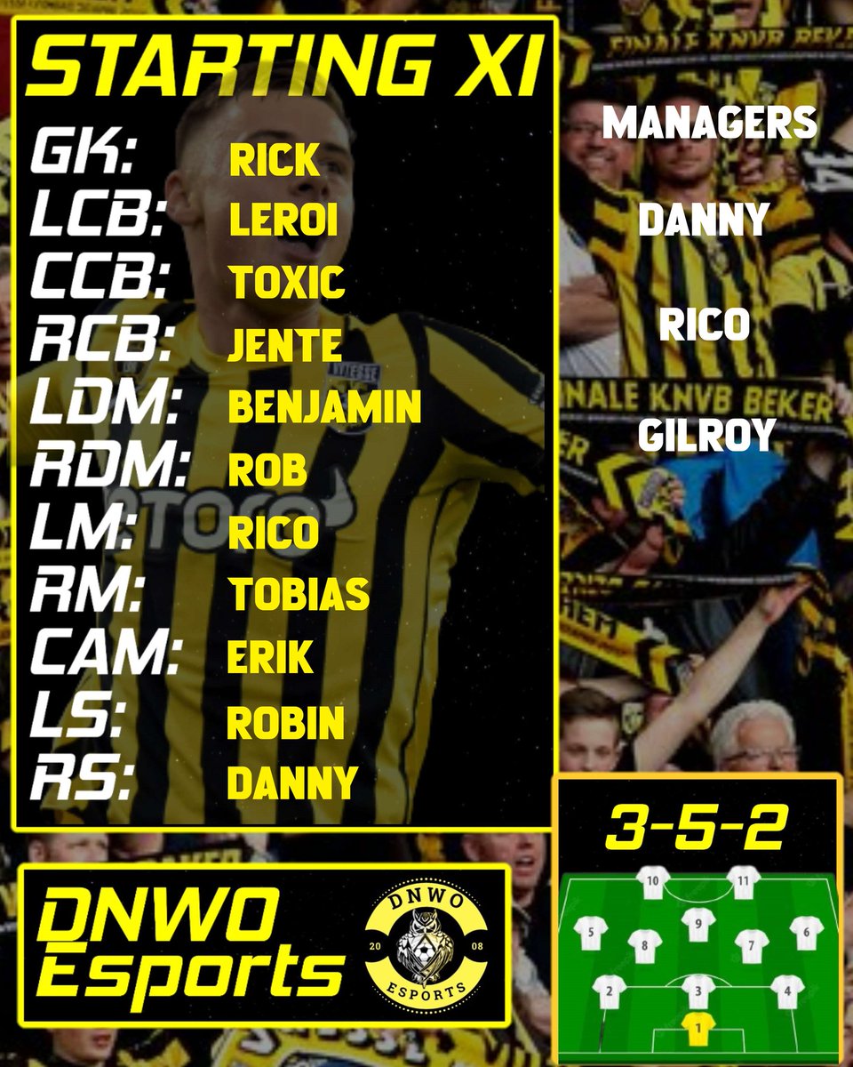 🟡 | DnwO eSports | ⚫

⚽️ | Matchday

📋 | Starting XI 
🆚️ | Fixtures BRFC Tournament

🏆 | BRFC Tournament 
🕰 | 21:00 UUR 🇳🇱 | 8:00 PM 🇬🇧

🖥 | Twitch Live Stream 
🕰 | 20:30 UUR 🇳🇱 | 7:30 PM 🇬🇧
🫵👀👇
twitch.tv/O26vDaNnX_DnwO