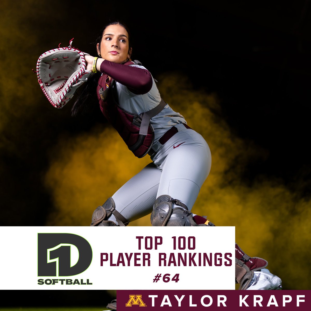 𝐍𝐨 𝐬𝐮𝐫𝐩𝐫𝐢𝐬𝐞 𝐡𝐞𝐫𝐞😎 @taylorkrapf comes in at 6⃣4⃣ on @D1Softball's D100 Player Rankings👏 #SkiUMah | #Gophers〽️