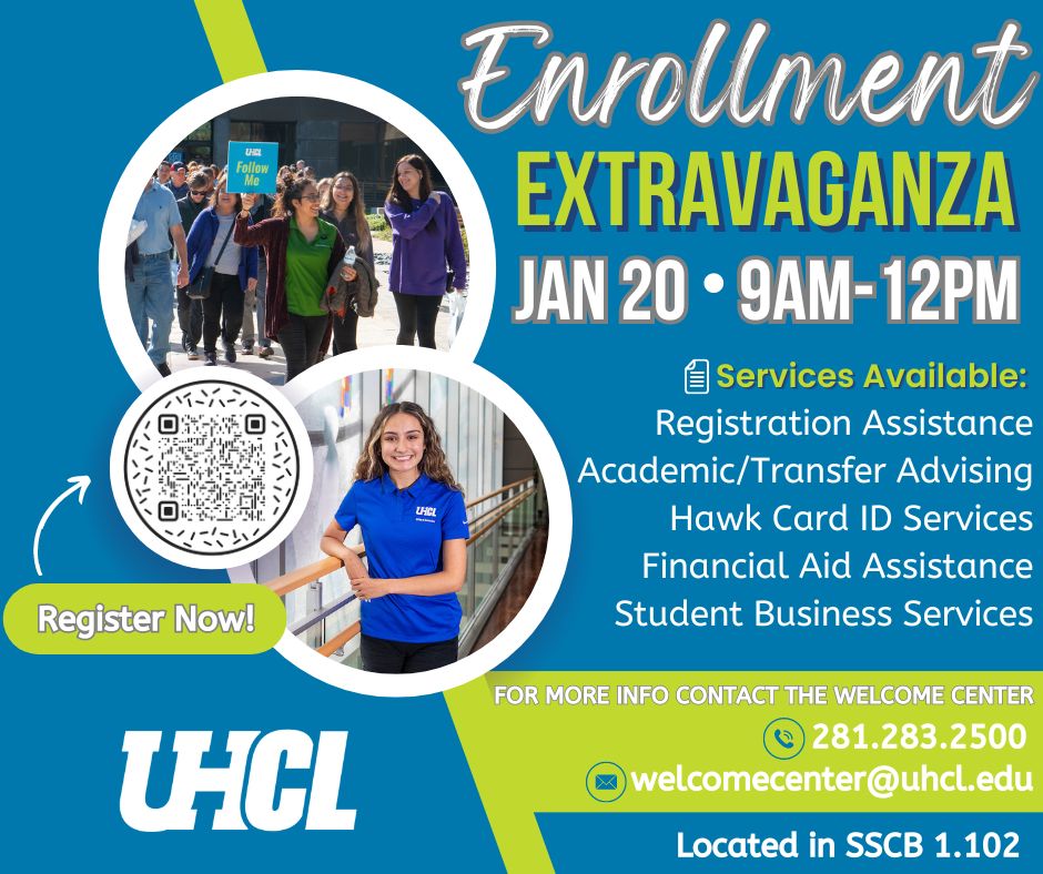 Come one, come all to UHCL's Enrollment Extravaganza! 🎉 Meet with different student services departments, get enrolled, and join our Hawk family! Register at the link! 🔗 uhcl.co1.qualtrics.com/jfe/form/SV_1U… ▫️ #UHCL #spring #uhcladmissions