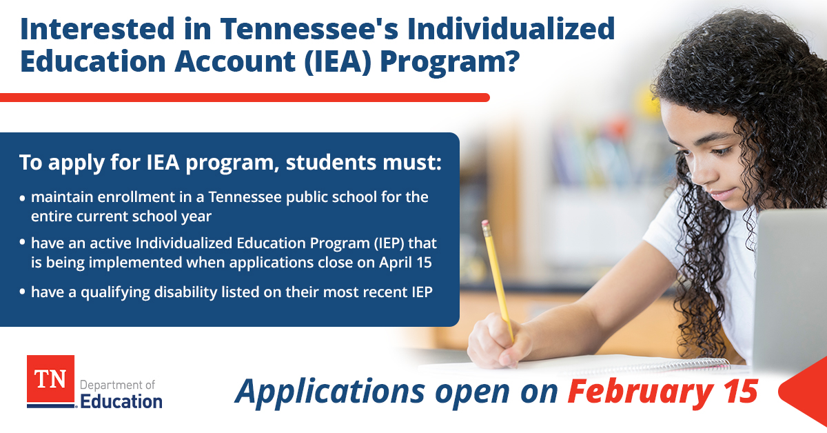 Applications for the Individualized Education Account (IEA) program will open for the 2024-25 school year from February 15th - April 15th for eligible students with disabilities across the state. Check out eligibility requirements & learn more here: ow.ly/2QbN50QsalG