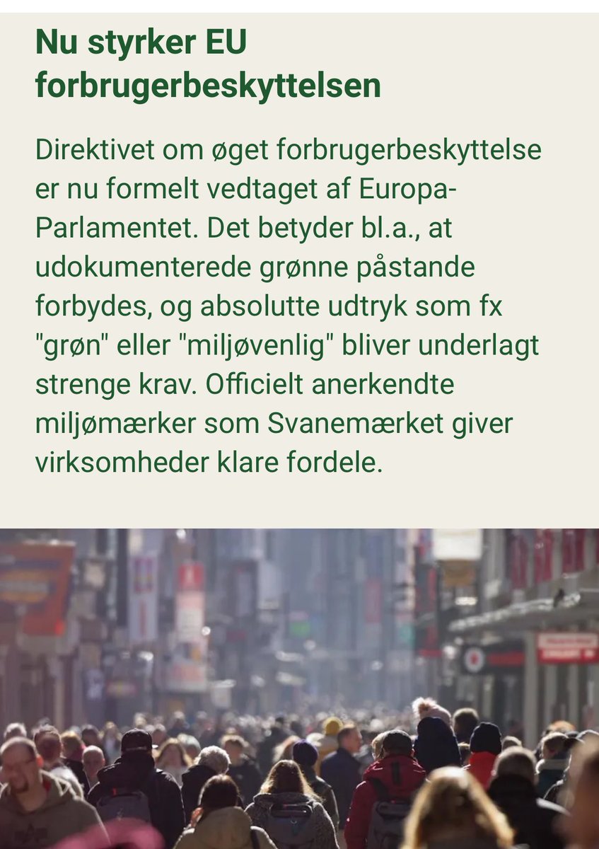 Europa-Parlamentet har nu endeligt vedtaget direktivet om øget forbrugerbeskyttelse. Dermed forbydes udokumenterede grønne påstande. Og officielt anerkendte miljømærker som Svanemærket giver virksomheder klare fordele.

Se mere 👇

svanemaerket.dk/nyheder/nu-sty…